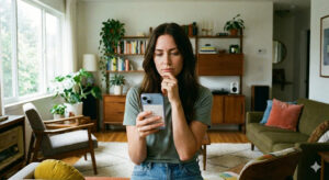 自宅でiPhoneを手に取り、買い替え時期を考えている女性のイメージ