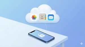 iPhone本体がパスコードでロックされていても、写真や連絡先などの大切なデータがiCloud（クラウド）上に安全にバックアップされている様子を示すイメージイラスト。