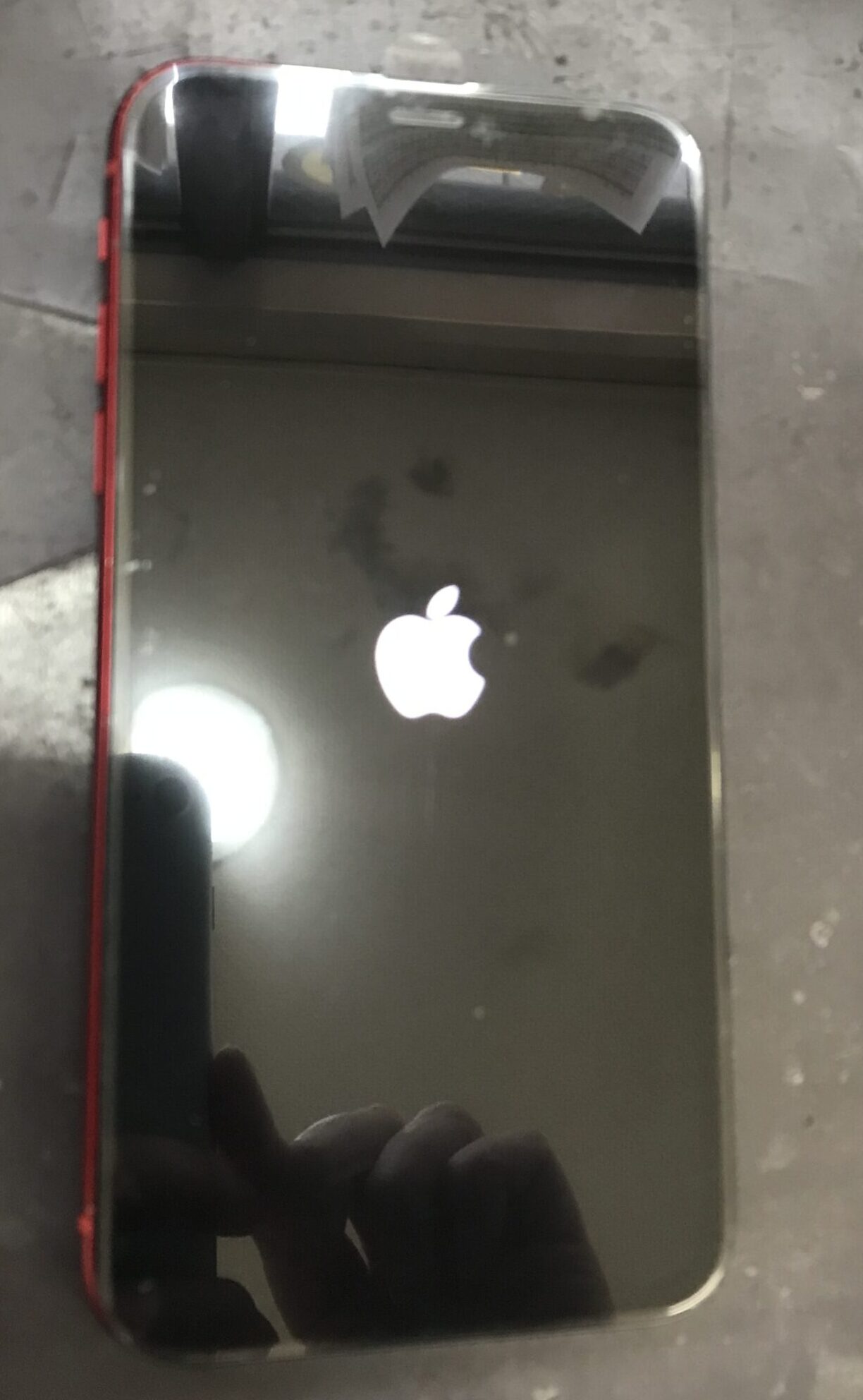 iPhone XR 液晶交換中にAppleロゴが表示され起動を確認した状態