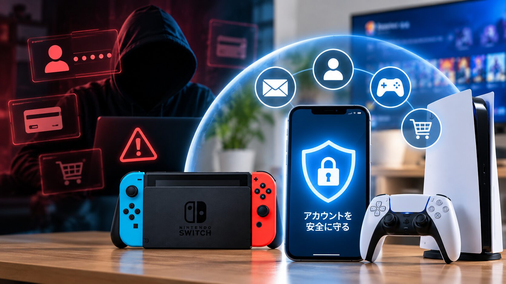 不正アクセスを試みる人物とゲーム機アカウントを守るセキュリティのイメージ